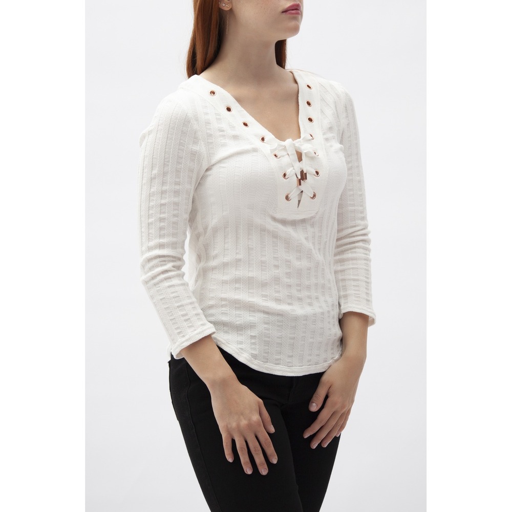 Free People White Ice-Cold Ribbed Lace Up V-Neck Grommet Top Women's Size Medium